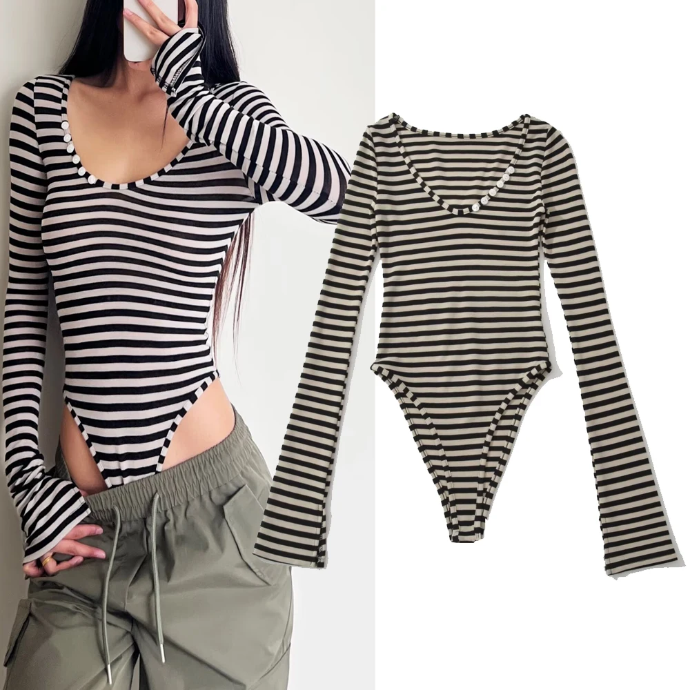 

Faionable Striped Buttoned Long Sve Onesie for Women Casual Loose Fit l Waist Polyester Fiber Other Materials