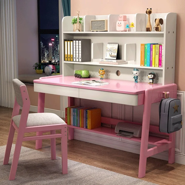 

Modern Adjustable Children's Desk with Integrated Bookshelf Solid Wood School Learning Desk and Chair for Students