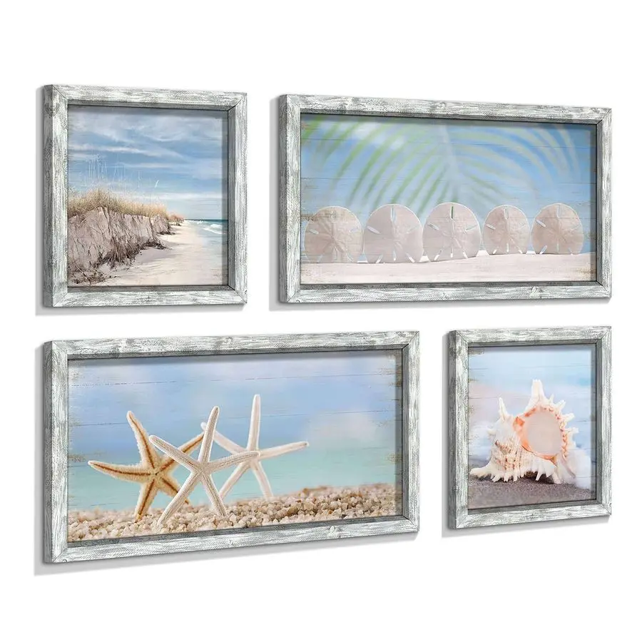 

Prints Wooden Wall Art Ocean Art Set of 4 Seashell Pictures Collection Beach Framed Wall Decor for Bedroom Overall 36W x 24H