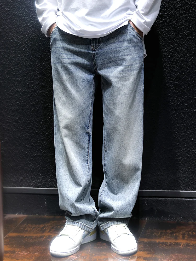 Light Wash Straight Leg Men's Jeans Autumn Loose Trendy Pants Spring Autumn Men's Wide Leg Jeans Casual Wear Durable Cotton B...