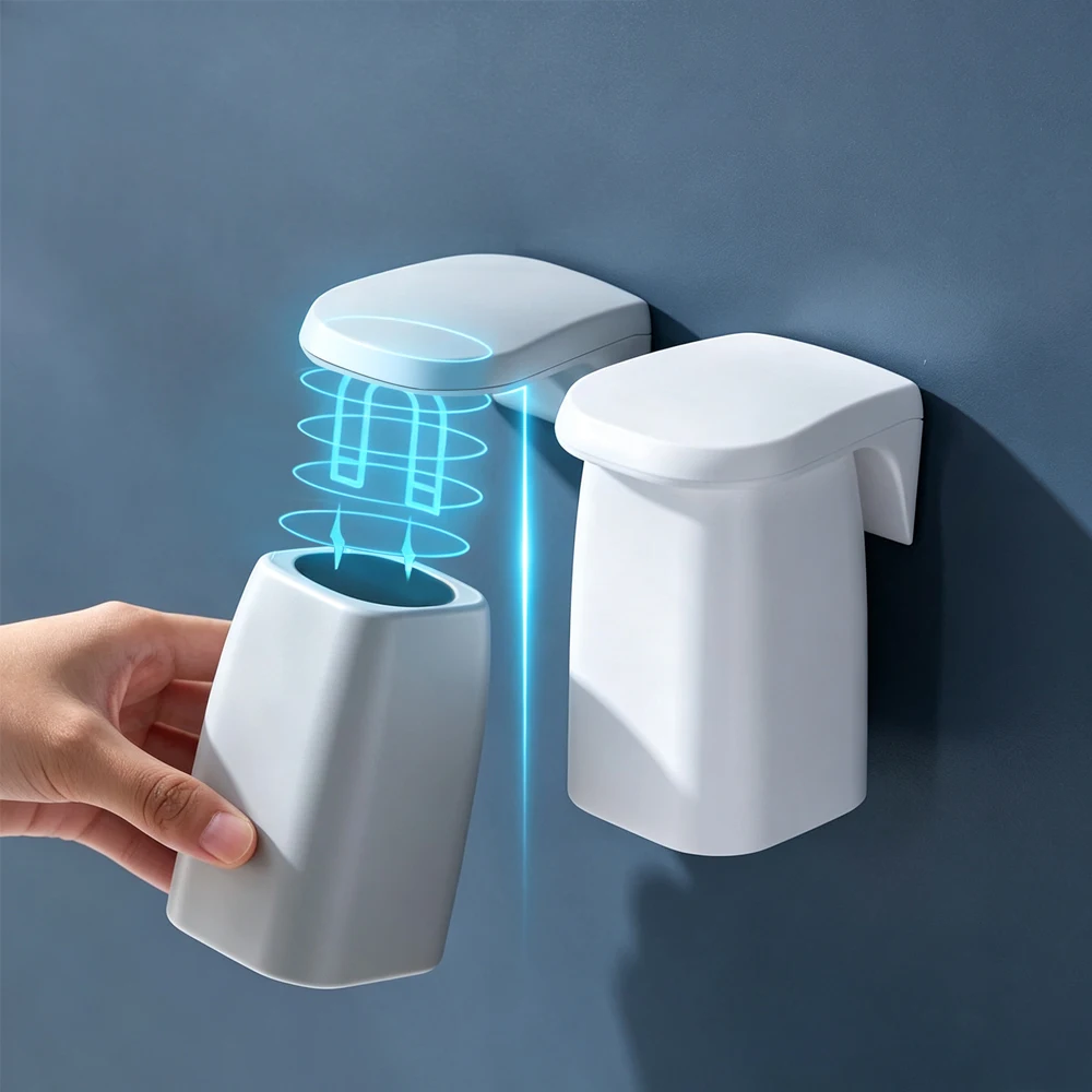 Magnetic Mouthwash Cup Wall Mounted Toothbrush Holder, No Drill Bathroom Organizer Storage Rack with Drain Cup