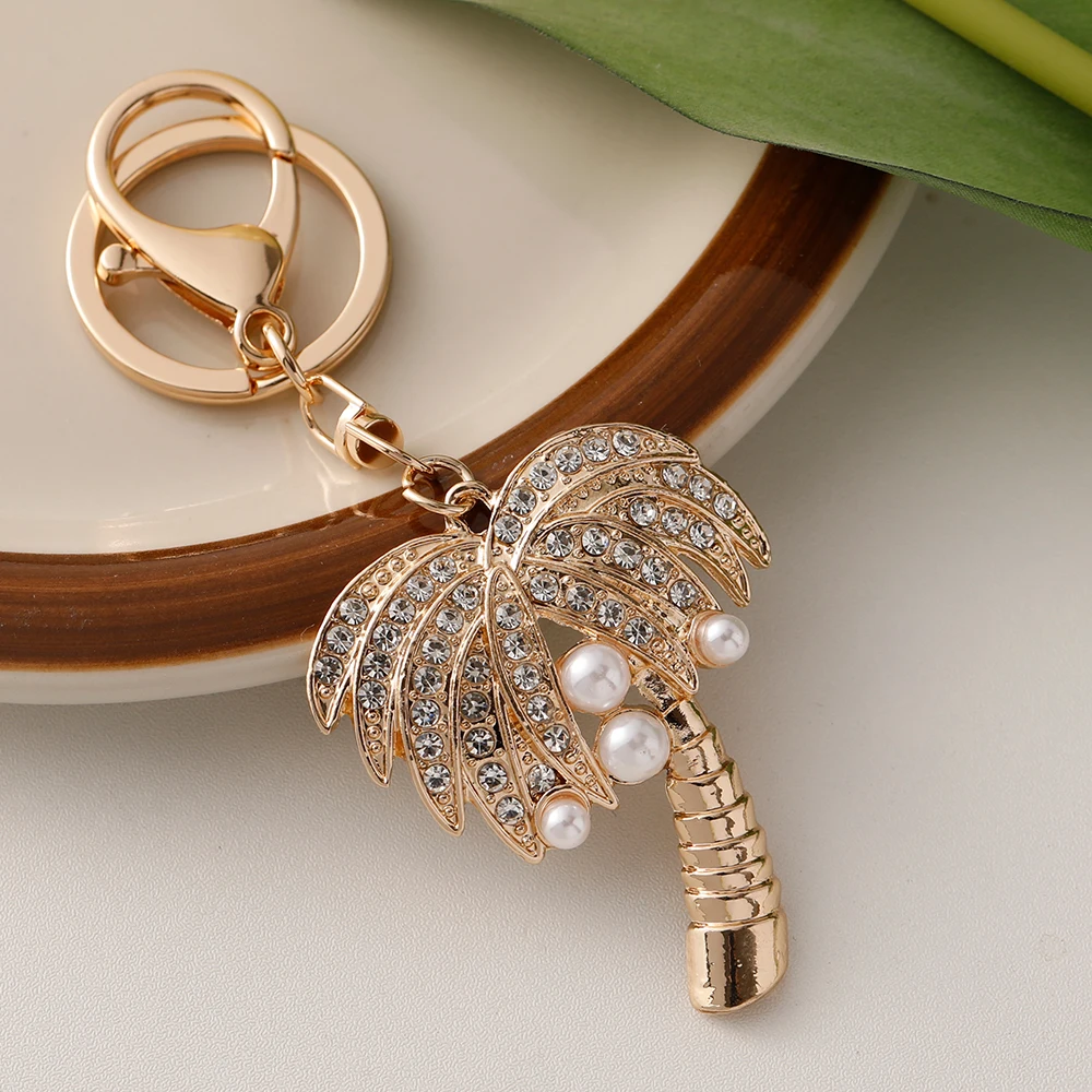 Coconut Tree Crystal Pearl Keychain Golden Color Key Ring Women's Bag Pendant Souvenir Gift Hawaii Beach