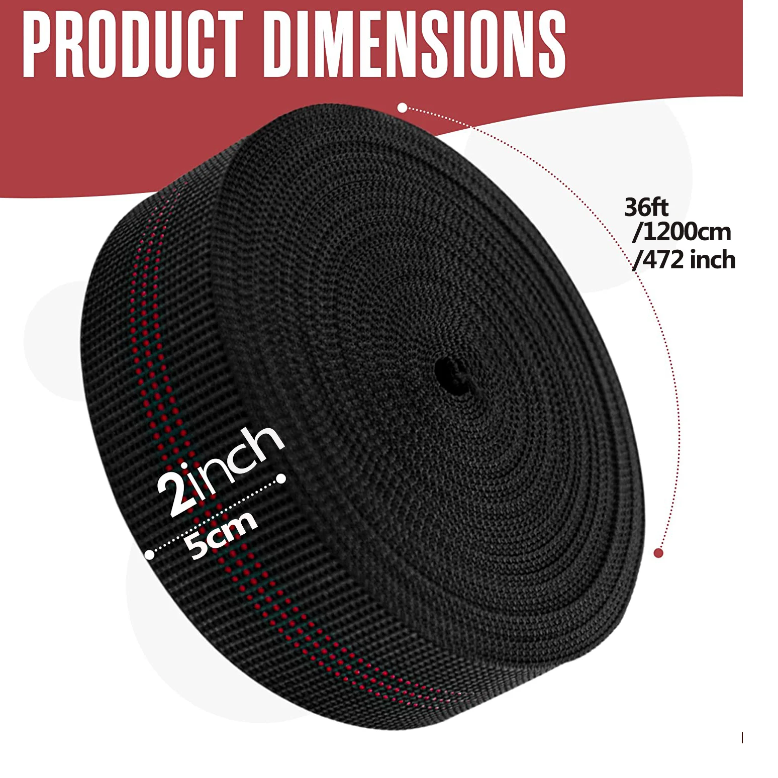 حزام مرن أسود للكرسي ، حزام مطاطي ، لفة شريط مطاطي ، شريط مطاطي ، شريط إصلاح وتعديل ، 2 "عريض ، قوة 36 قدمًا ، ←" ،