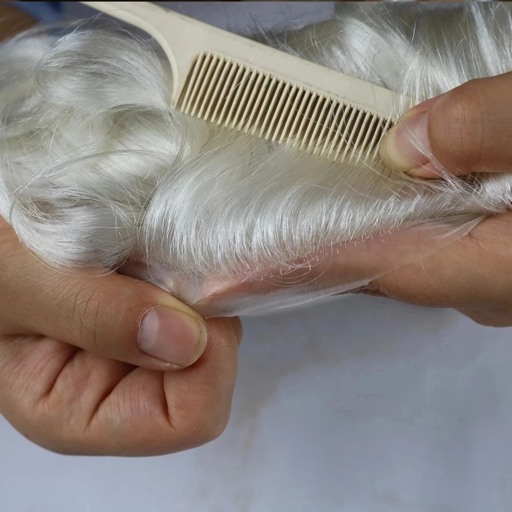 Beste dünne haut voll pu vloop toupet natürlicher haaransatz platin blond 60r grau männer perücke ersatz 100% europäisches menschliches haar