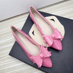 2025 Spring Summer New Bow Flat Shoes for Women Shallow Mouth Work Shoes Female Large Size Leather Single Boat Shoes White Flats