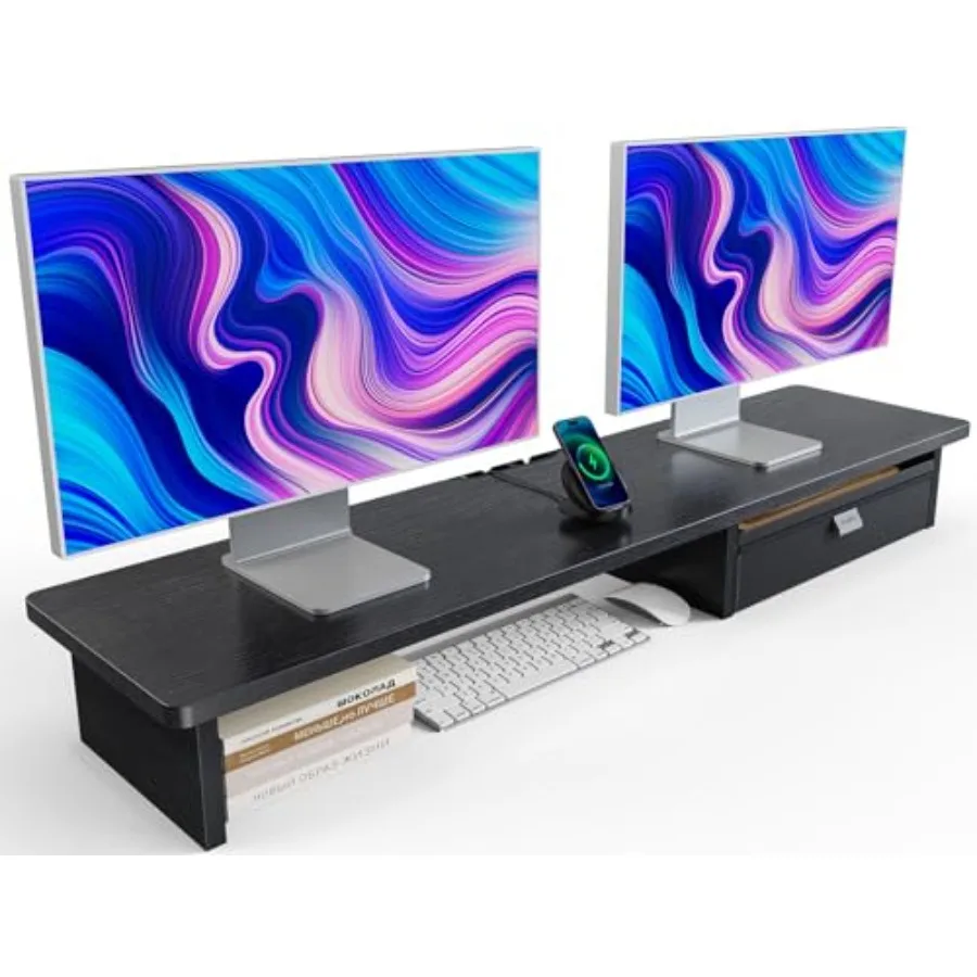 

Large Dual Monitor Stand with Drawer Wood Monitor Stand Riser for 2 Monitors with Storage Cable Management Desktop Organizer up