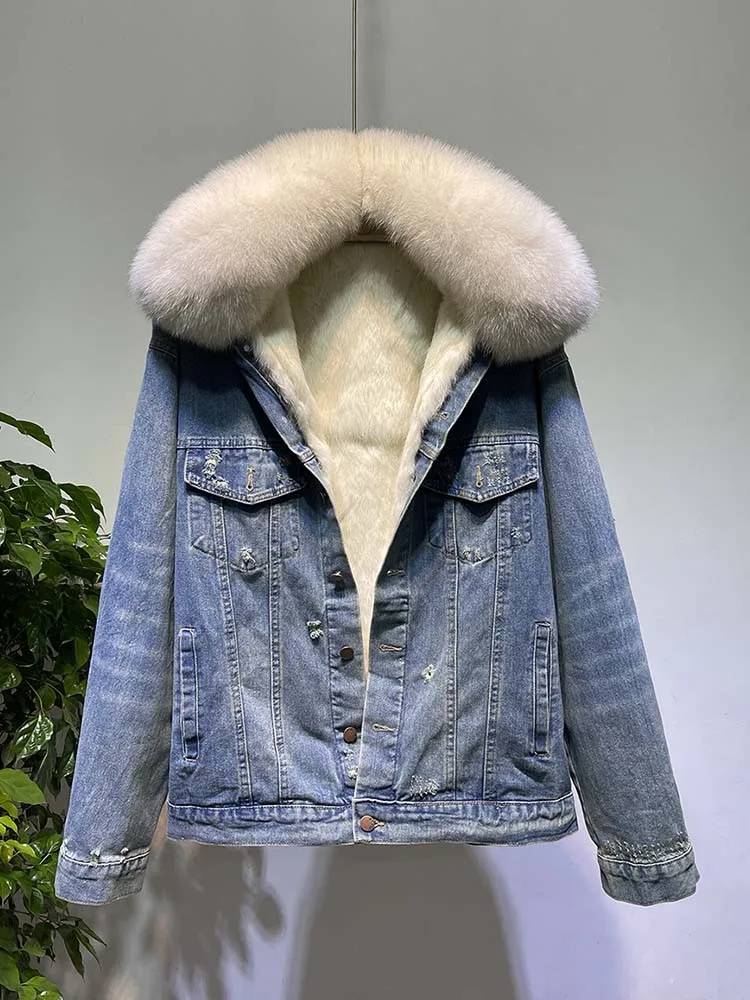 Winter Lady Real Fox Fur Collar Detachable Jacket Thick Warm Rabbit Fur Inner Denim Coat Loose Fit Batwing Sleeve Puffer Jackets