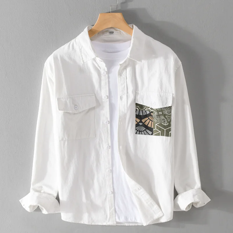 

Japanese White Shirt Men Spring Fall Fashion Streetwear Men Overshirt Casual Pure Cotton Long Sleeve Pocket Printed Shirt Youth
