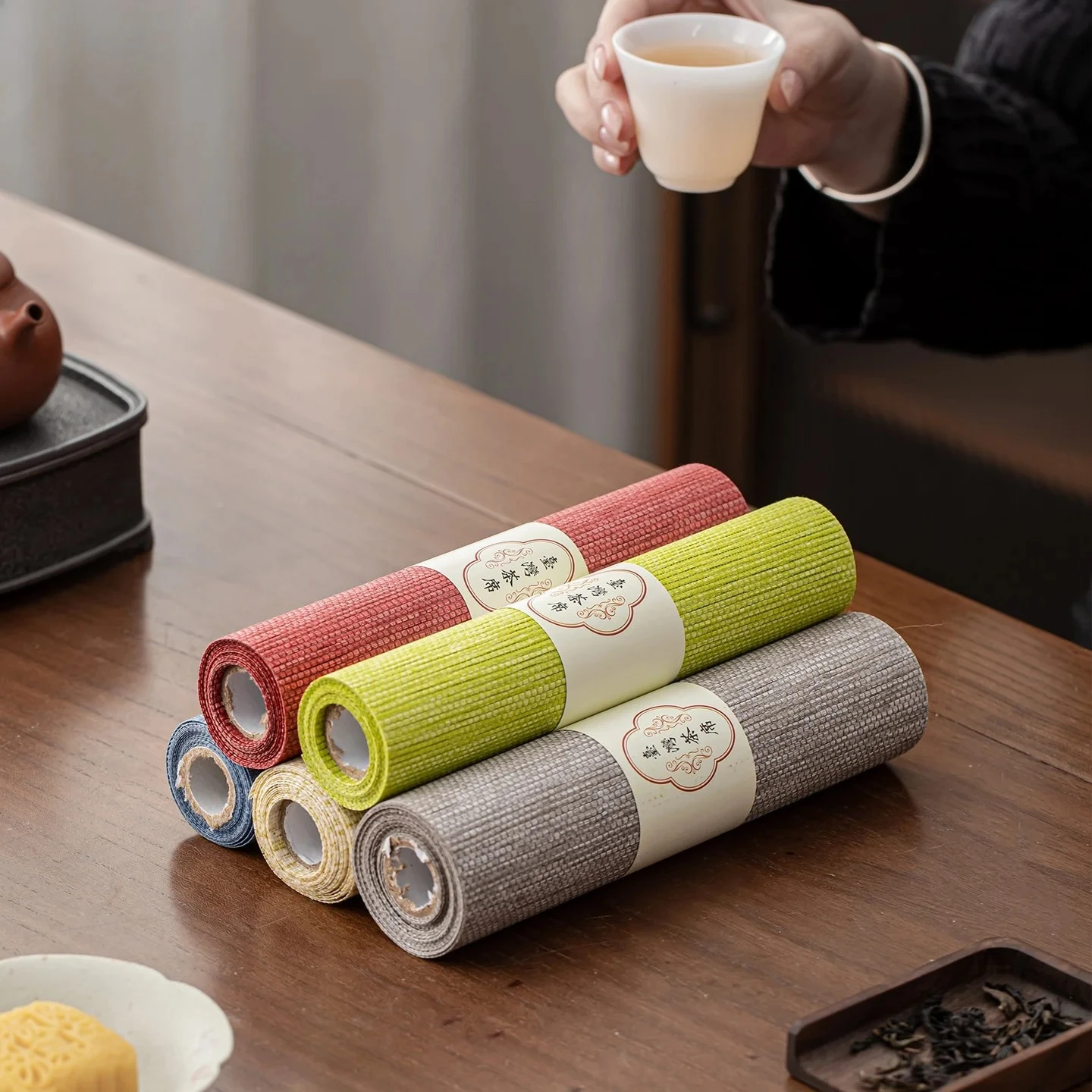 New Chinese Zen-style Long Tea Mat Waterproof Tea Table Mat Woven Paper Solid Color Tea Table Kitchen Towel