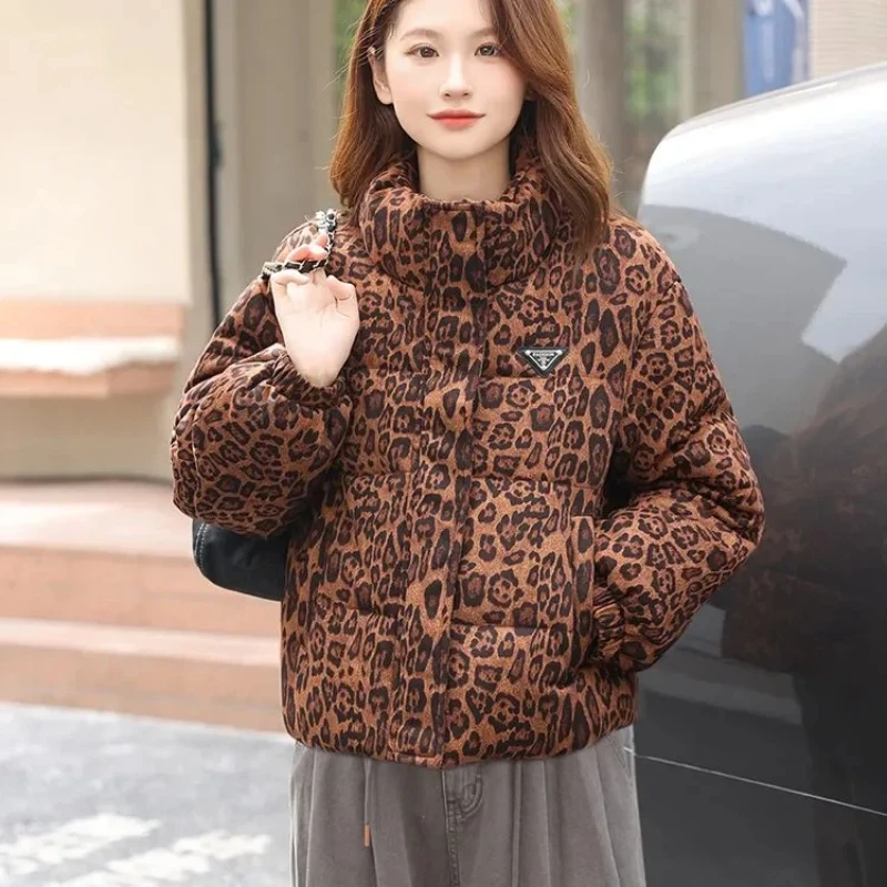 

Leopard Print Women's Winter Parka With Quilted Design And Zipper Closure Casual Style Thick Warm Coat For Cold Weather