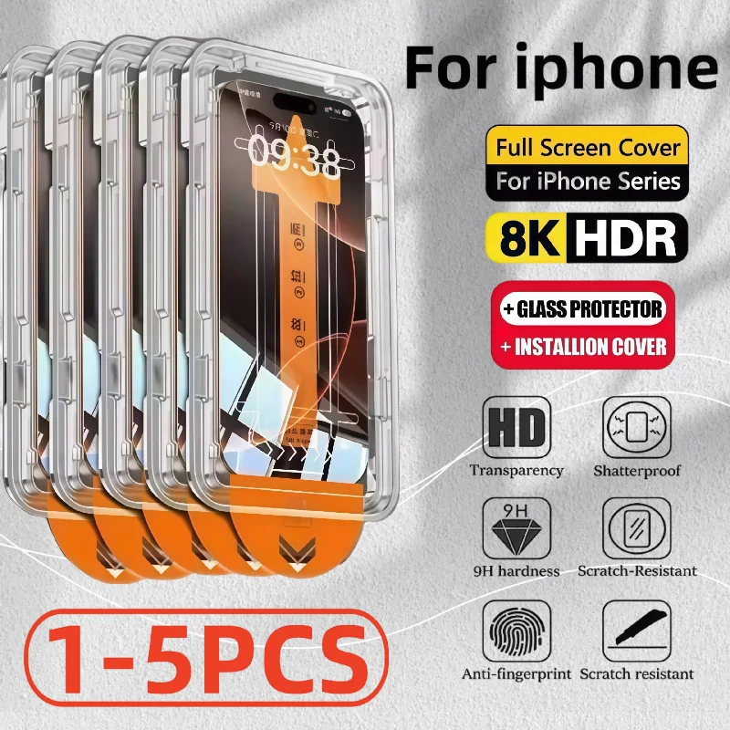 

1-5Pcs HD Dust-Free Screen Protector Easy Installation Tempered Glass for iPhone17 16 Pro Max 17 Air 16 15 14 Pro 13 12 Mini 11