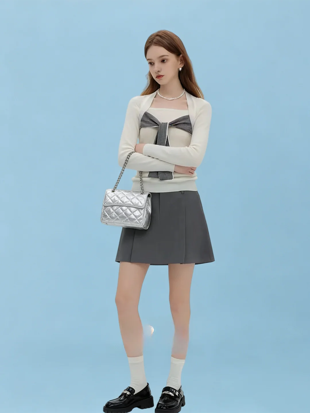 

AHMI Square Collar Knot Long Sve Base T-irt Spring New Sle Beautiful Mysterious Small Top Korean Sle