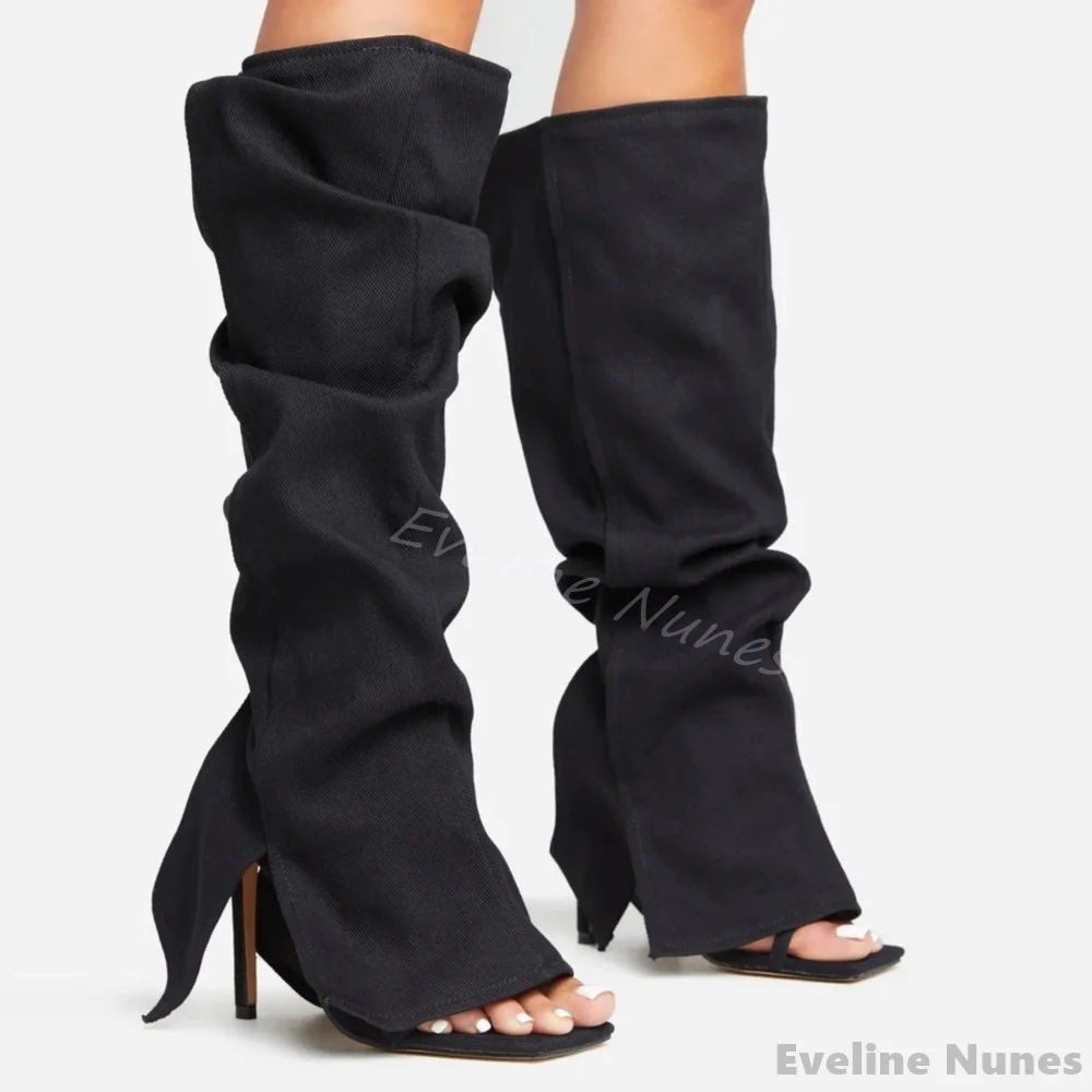 Black Open Toe Trouser Boots Women Summer Hollow Pleated Slip On Stiletto Heel Knee High Sandals 2025 New Fashion Catwalk Boots