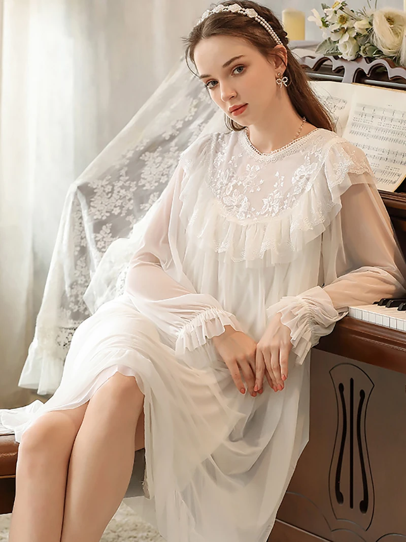 Autumn Spring Women Vintage Princess Fairy Sleepwear Lace Mesh Ruffles Long Sleeve Nightgowns Victorian Homewearjavascript: