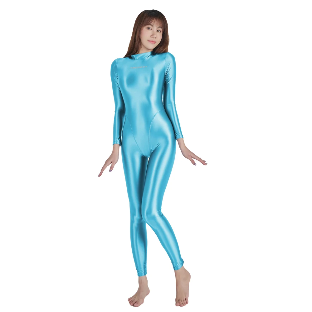 AMORESY Autumn Sexy Shiny High Neck Bodysuit Glossy Smooth Casual Running Jumpsuit Yoga Pants Sportswear Catsuits Overalls