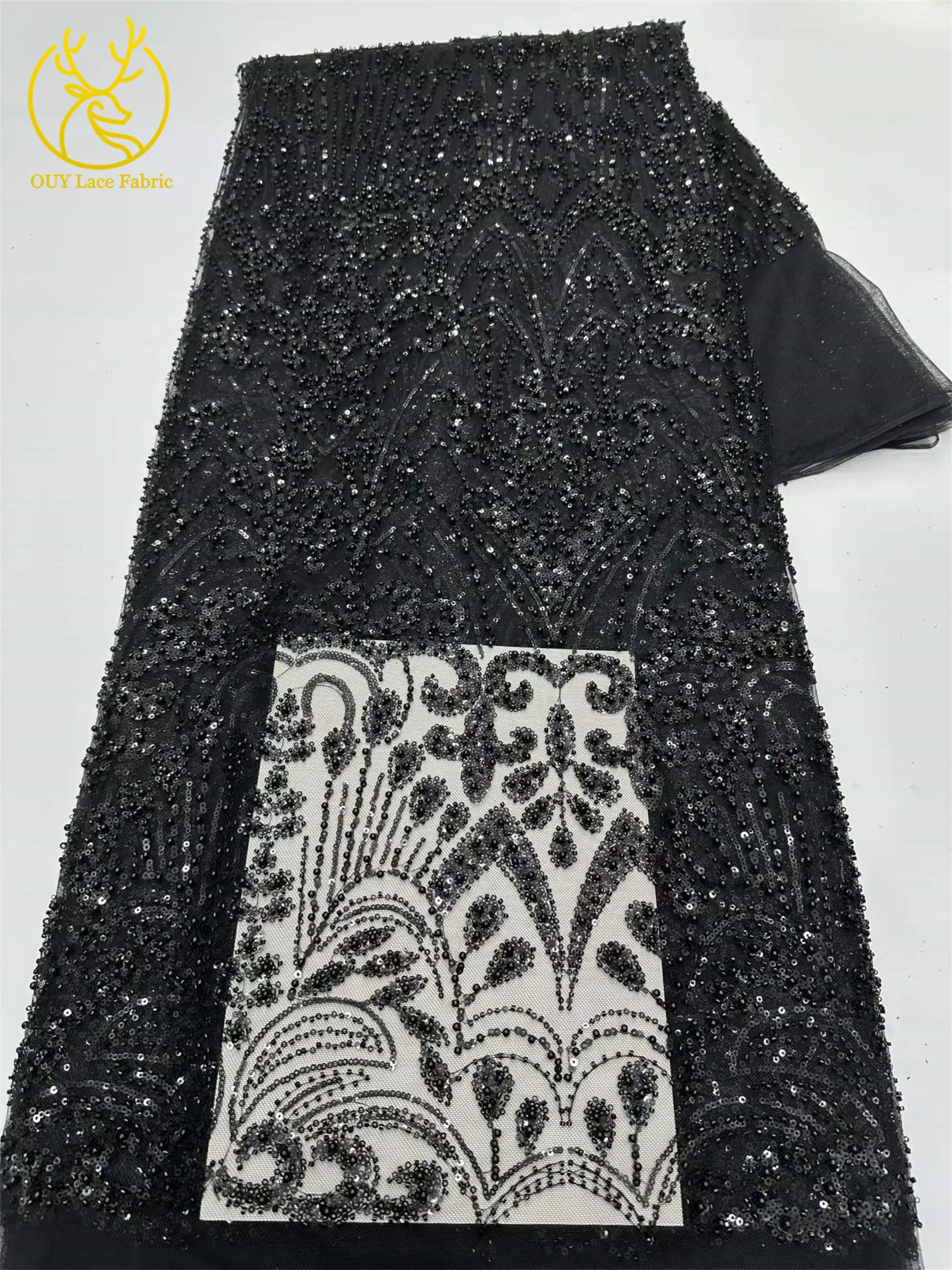Goldener Luxus-Spitzenstoff mit Perlen und Pailletten, 5 Yards, afrikanischer Spitzenstoff, hochwertiger nigerianischer Netzspitzenstoff für Partykleider und Näharbeiten – Detail 13