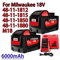 18V For Milwaukee M18 Battery M18B6 XC 6.0Ah Li-Ion 48-11-1860 48-11-1852 48-11-1850 48-11-1840 Cordless Power Tool 18V Charg