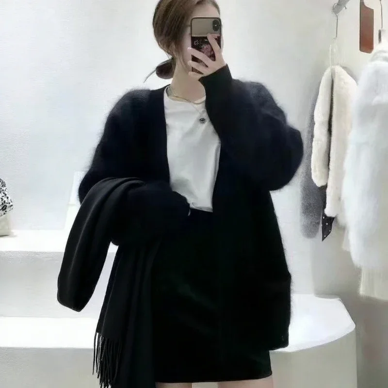Purple Faux Mink Fur Knit Cardigan Coat Women's Fall Winter New Gentle Korean Style Lazy Mid-Length Sweater