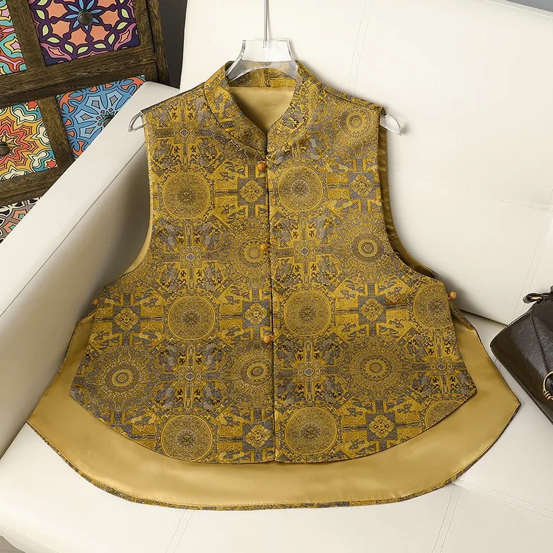 

Винтажный женский жилет в китайском стиле, желтый, с вышивкой, без рукавов, в стиле ципао, свободный топ-танк, костюм, верхняя одежда в стиле тан