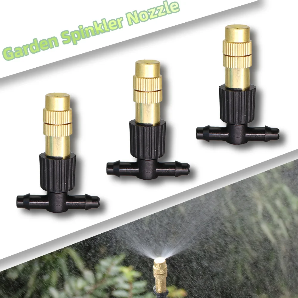 

15/25/50/100/200PCS Garden Brass Misting Watering Nozzle 1/4'' Barb Tee Connector Adjustable Copper Cooling Spray Atomizer