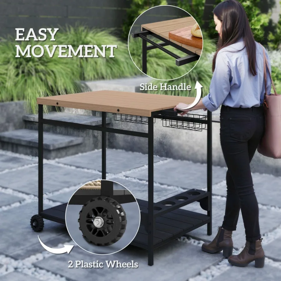 Rolling Beverage Cart: Wooden Outdoor Use Wheels Handle for Mobility Includes Wine Glass Storage