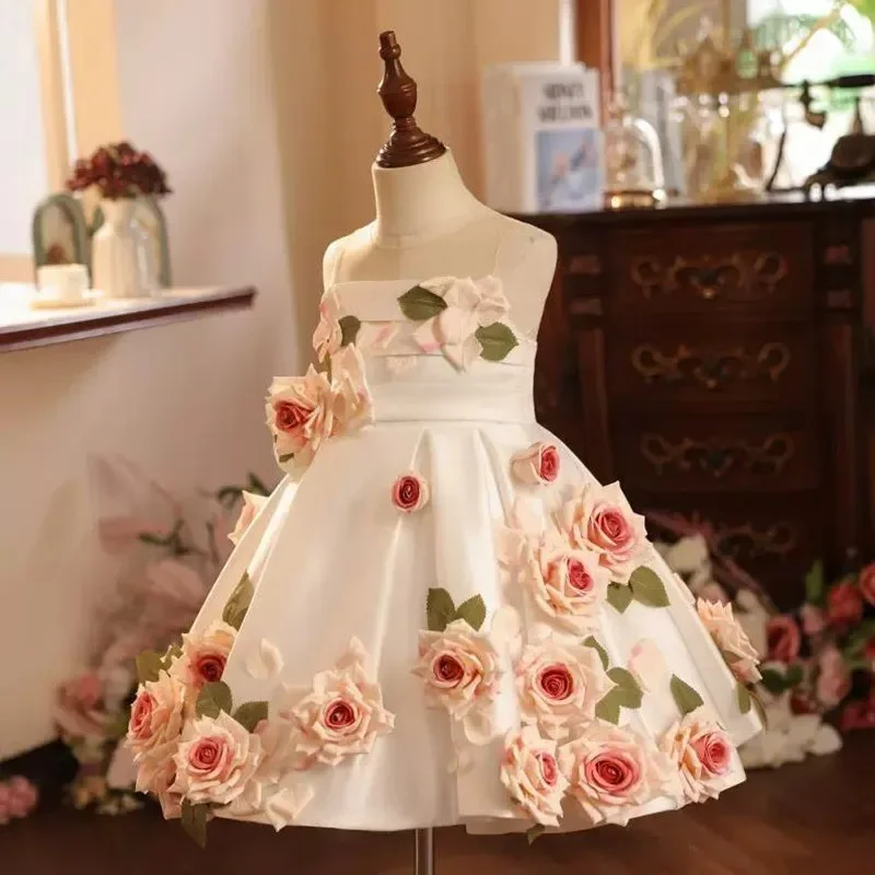 Vestido de noche con apliques de actuación para niños, fiesta de cumpleaños de boda, vestido de niña de flores