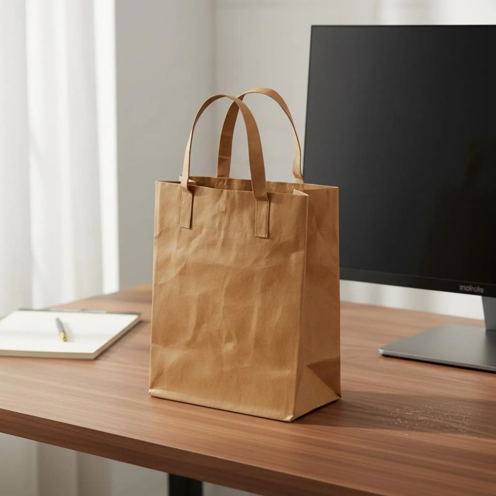 Reusable Kraft Paper Bag Large Capacity Brown Paper Tote Bag Eco-Conscious Handbag Tear-Resistant Waterproof for Office Workers