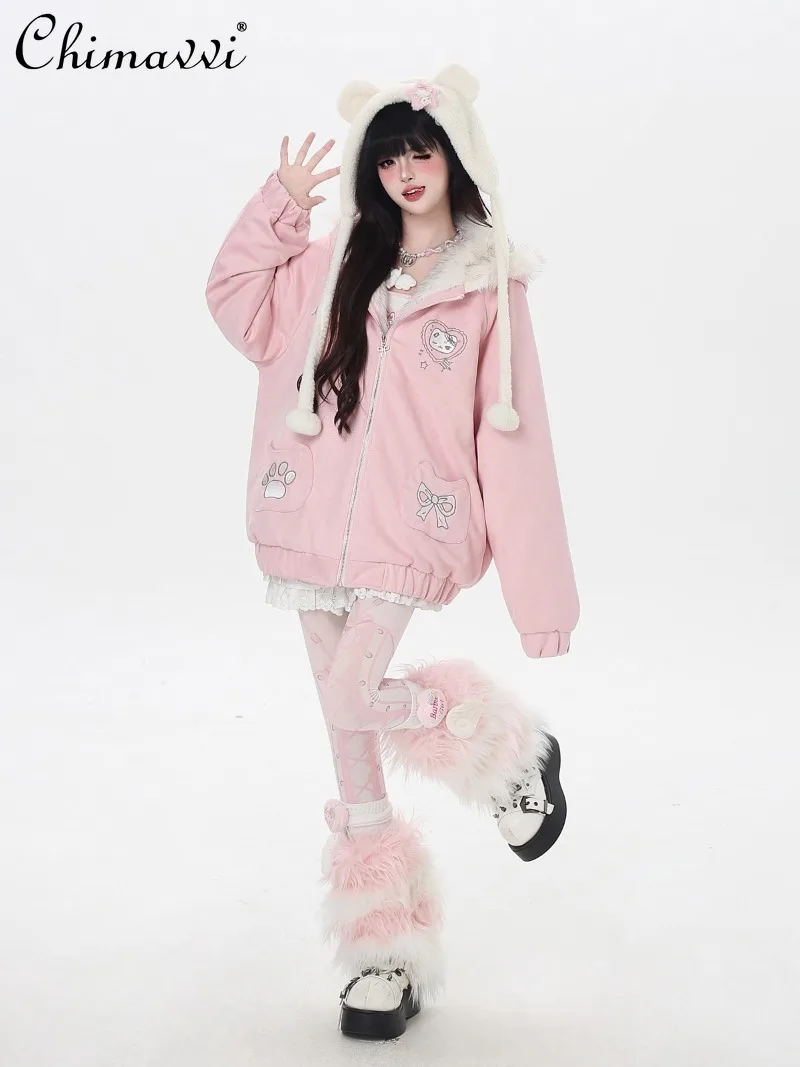 النمط الياباني أفخم القط الأذن مقنعين فضفاضة الدافئة الجلد المدبوغ سترة قطن المرأة شتاء جديد الحلو فتاة باردة معطف طويل الأكمام