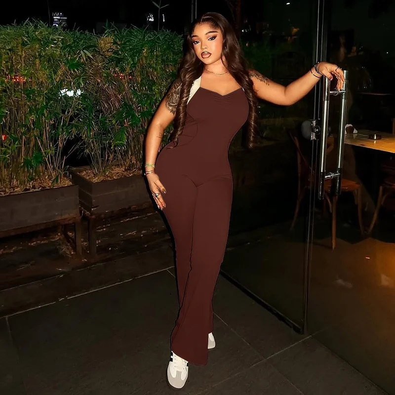 Confortable décontracté couleur pure Patchwork Bell Bot Onesie sangle Ba longue longueur vêtements de sport transfrontaliers pour femmes par Xia an R...