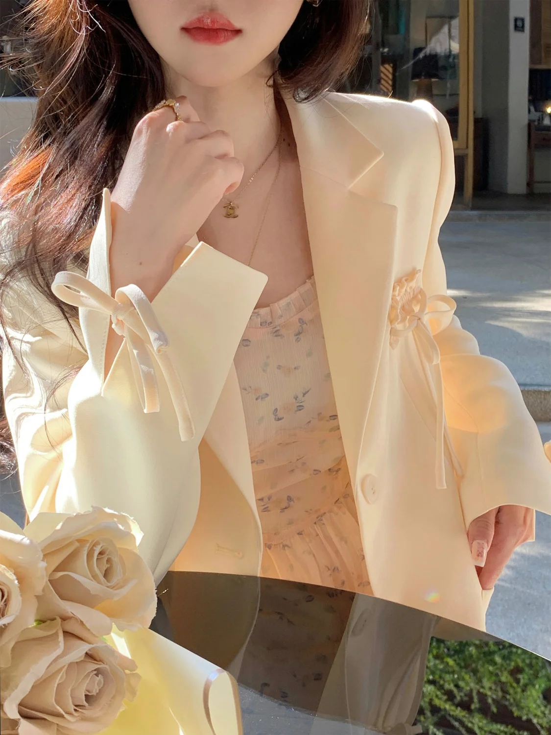 

2024 New Spring Design Academy Style Butter Custard Sweet Yellow Tie Blazer Women Female Office Lady Top Jacket Coat Hot Sale