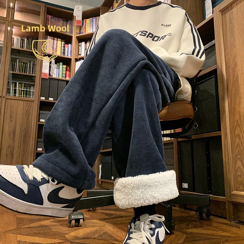 

Lamb Fur Lined Casual Pants Men's Autumn Winter Thiened Straight Leg Sports Trousers Faionable Youthful Sle Anti-Wrinkle