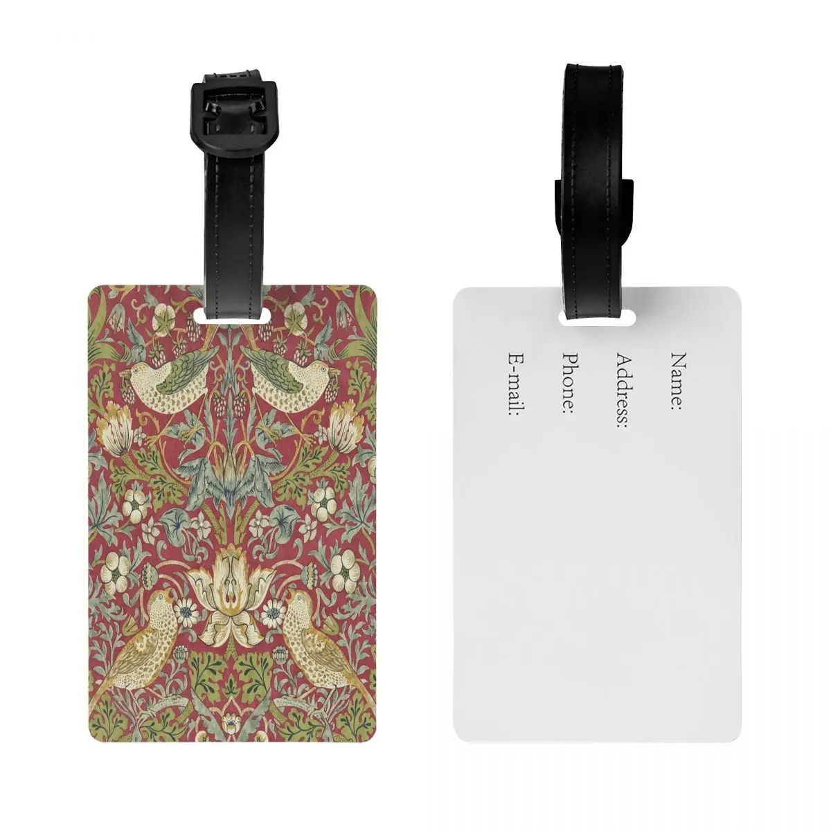 Custom William Morris Strawberry Thief Red Luggage Tag for Suitcases  Floral Textile Pattern Baggage Tags Cover Name ID Card