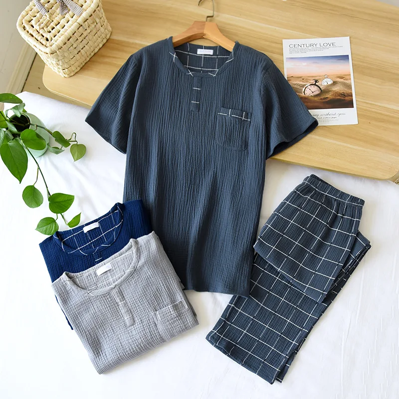 Spring and Summer Short Sleeve Long Pants Men's Cotton Round Neck Checkered Printed Pants Nightwear Home Pajamas Clothing Set