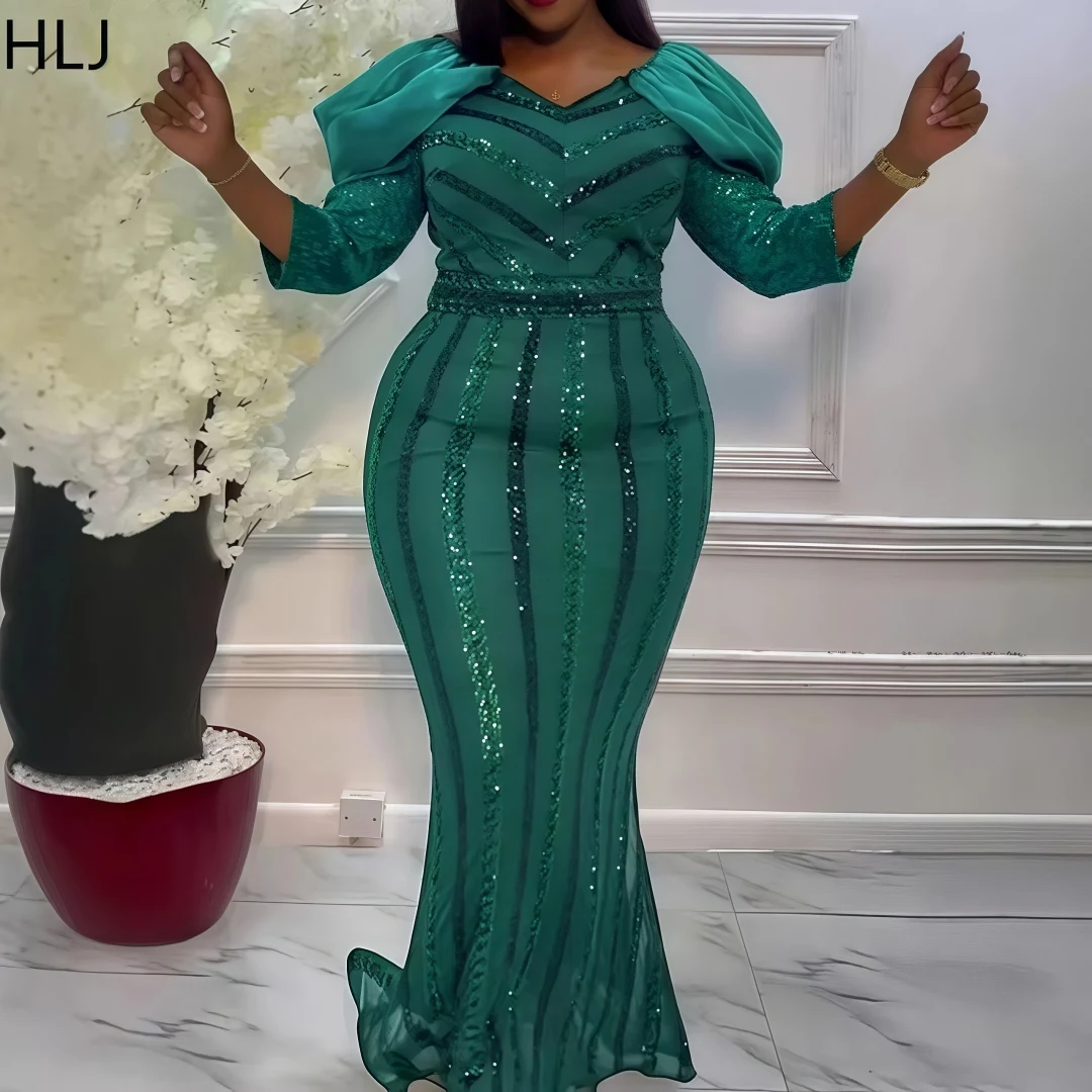 

HLJ Sexy Sequin Bodycon Long Dresses Women V Neck Long Sleeve Slim Stretchy Vestidos Green Fashion Party Club Clothing 2025