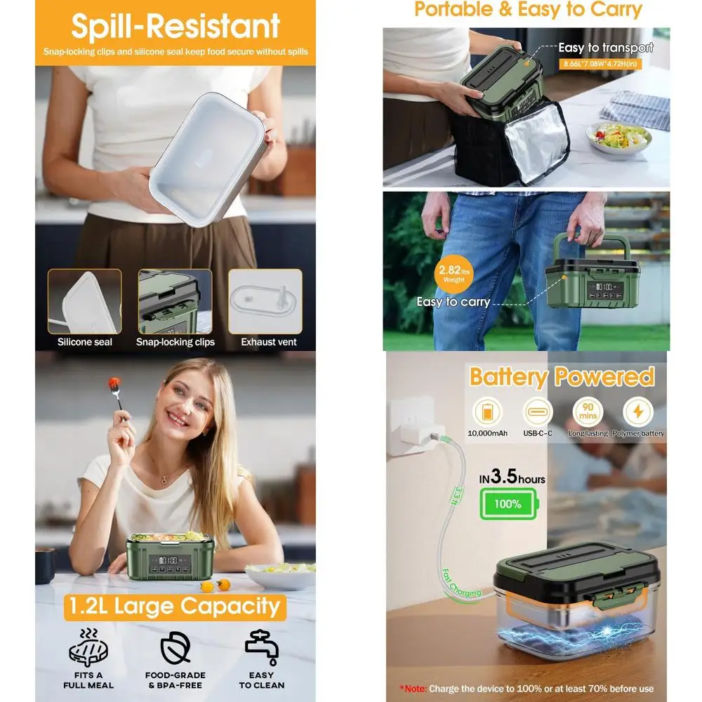 

Portable Electric Heated Lunch Box - 1.2L Stainless Steel, Timer, Leak-Proof for Adults on the Go