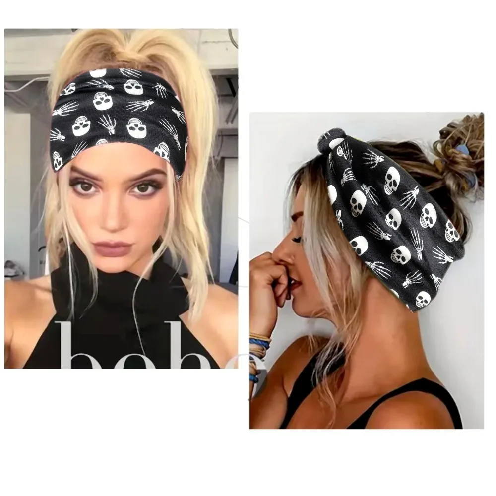 1pc Mode Nicht Slip Punk Stirnband Schädel Muster Stirnband Halloween Kopfbedeckungen Verknotet Haarband Haar Styling Zubehör – Detail 5
