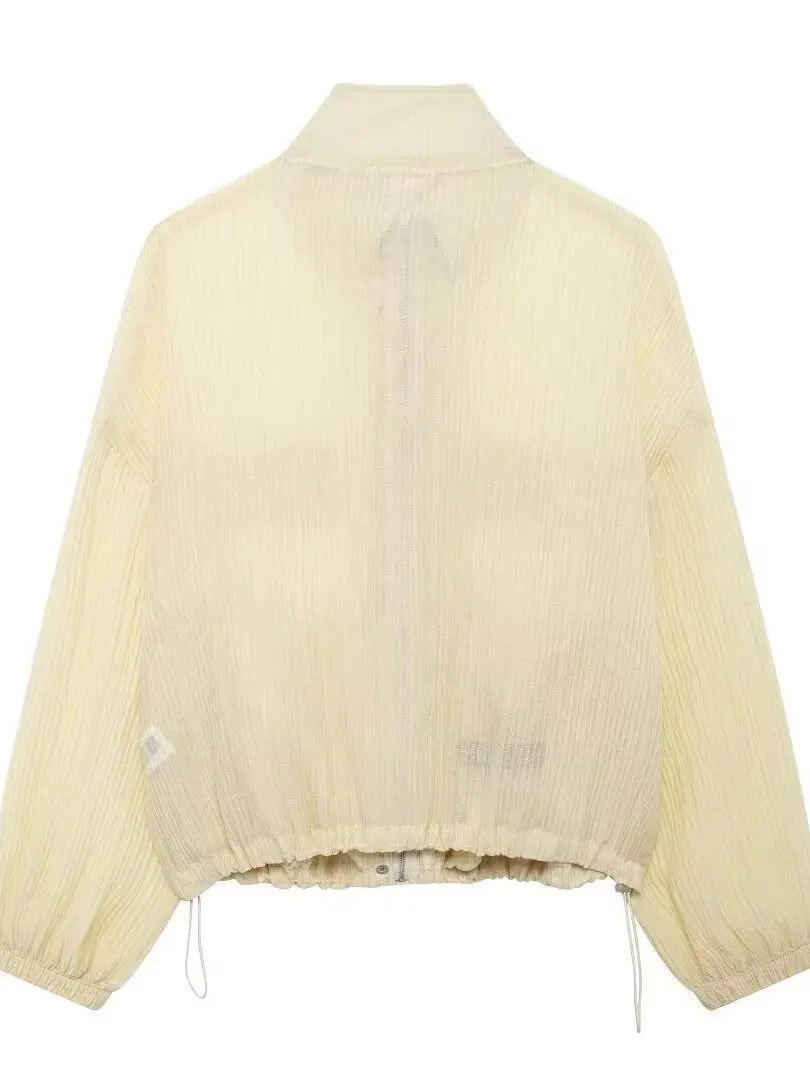 Women's Crack Effect Simple Semi-Transparent Short Loose Zipper Lightweight Casual Jacket Summer Outerwear Polyester Fiber