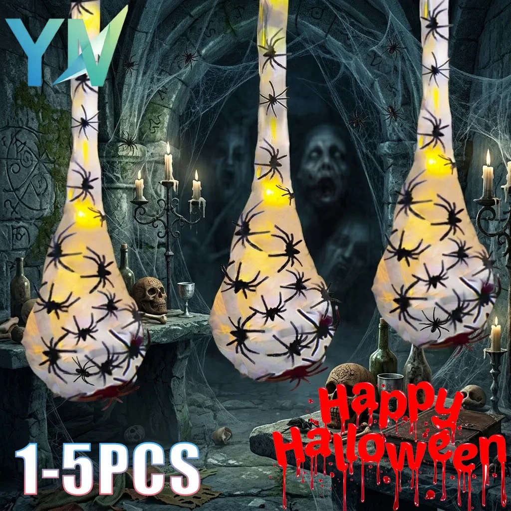 1-5PCS Light Up Spider Web Egg Hanging Decor for Halloween Outdoor Party Wall Porch Lawn Spooky Ghost Festival Supply