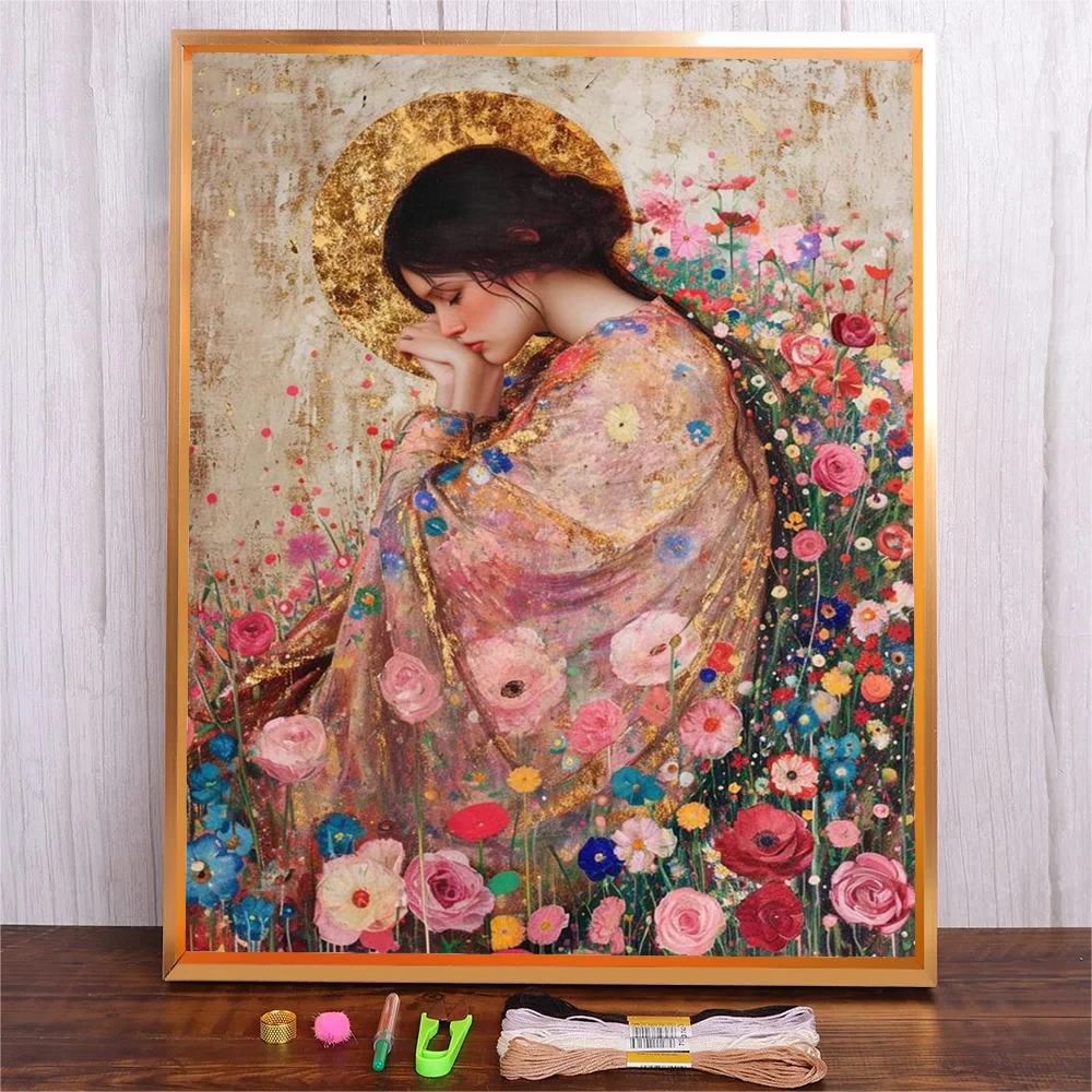 

DIY Pattern Embroidery Set Needlework Flower Girl Printed Canvas Embroidery Cotton Thread Cross Stitch Kit Sewing Craft Kit
