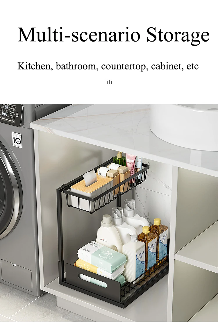 Kitchen Storage Shelf for Clutter-Free Ironwork 2-Tier Dish & Spice Storage Rack Multi-functional Pull-Out Under Sink Organizer