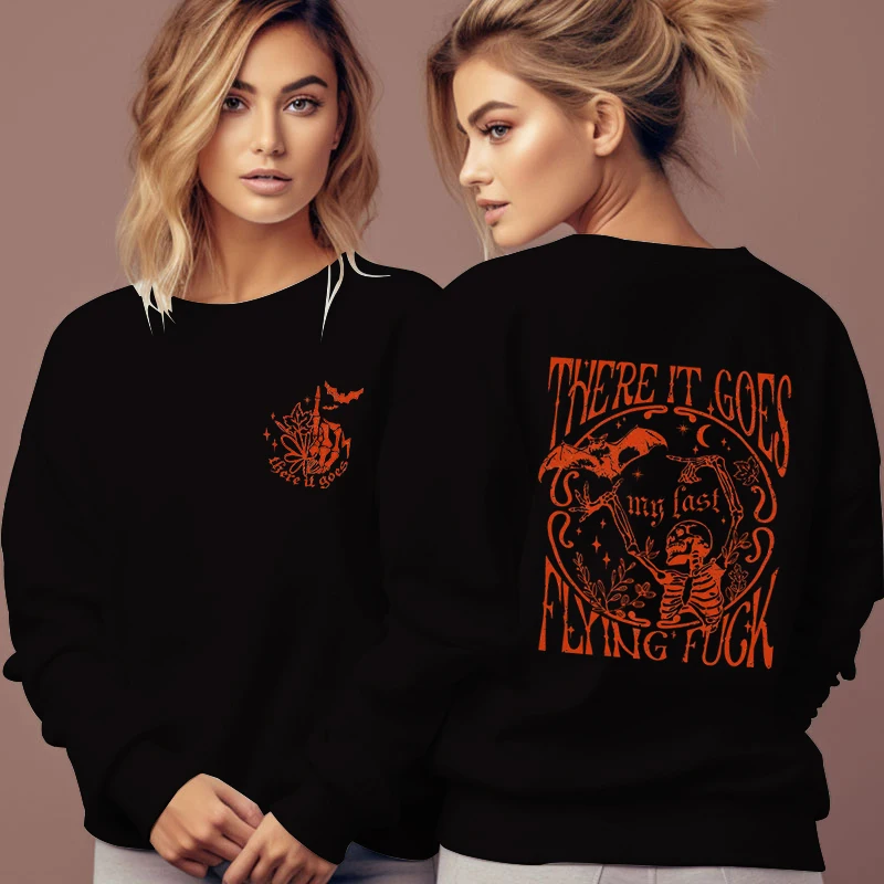 Vintage Skull Bat Print Hoody Fashion Women Crew Neck Sweatshirt 