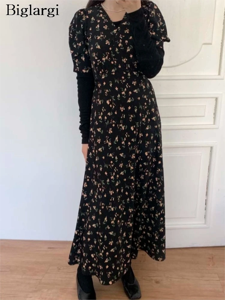

Summer Korean Style Long Dress Women Flower Floral Print Fashion V-Neck Ladies Dresses Ruffle Loose Pleated Woman Dress