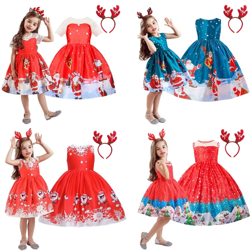 Kids Christmas Red Dresses for Girls Santa Claus Snowman Xmas Princess Costume 2024 New Year Party Evening Ball Gown for 4-10Yrs