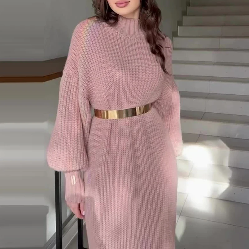 Autumn Winter Thick Warm Long Sleeved Dress Elegant Soft Straight Dresses Women's O Neck Slim Solid Color Knitted Dress Vestidos