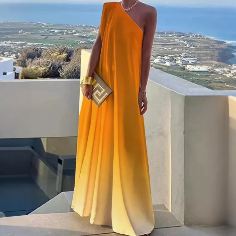 

2025 Summer Beach Stylish Sundress for Women Gradient Color One-shoulder Evening Floor Legth Vacation Dress for Urban Ladies