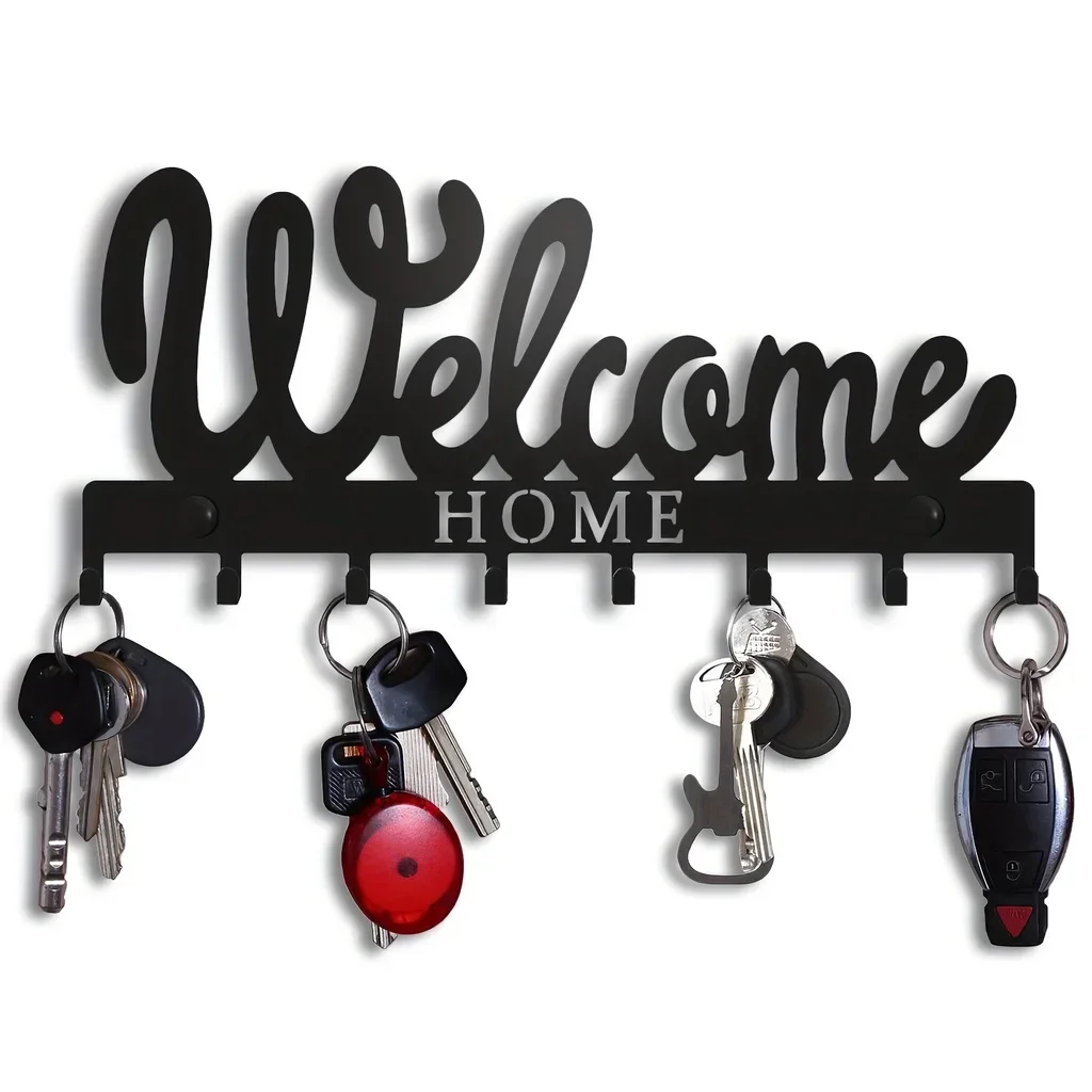 Crafts 1pc Key Holder For Wall, Black Metal Keys Holder, Wall Mounted WELCOME Design Style Key Rack for Key Hanger With 8 Hooks