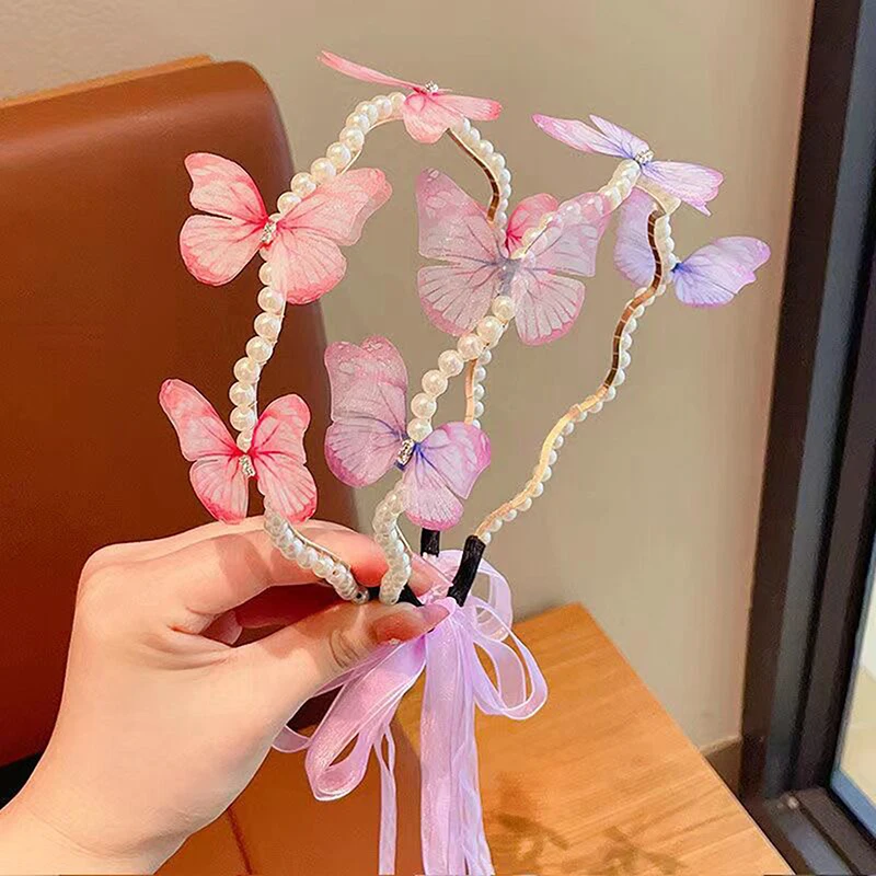 Children Girls Fashion Butterfly Headband Hair Hoop Baby Cute Princess Pearl Hairband Hairpin Hair Accessories