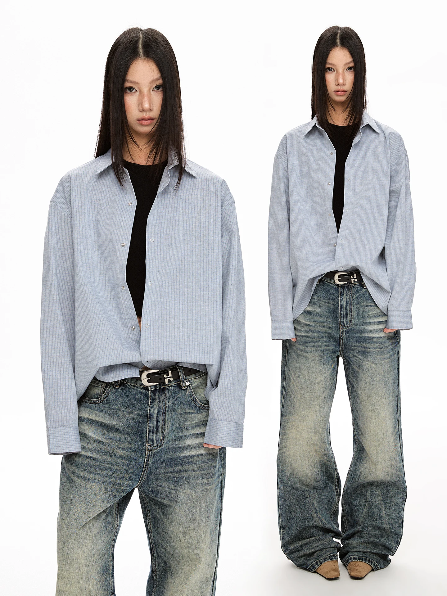 

VAT American Casual Striped Long Sve irt Women's Spring Versatile Commute Sle Open Cardigan Outerwear Cotton Loose Fit