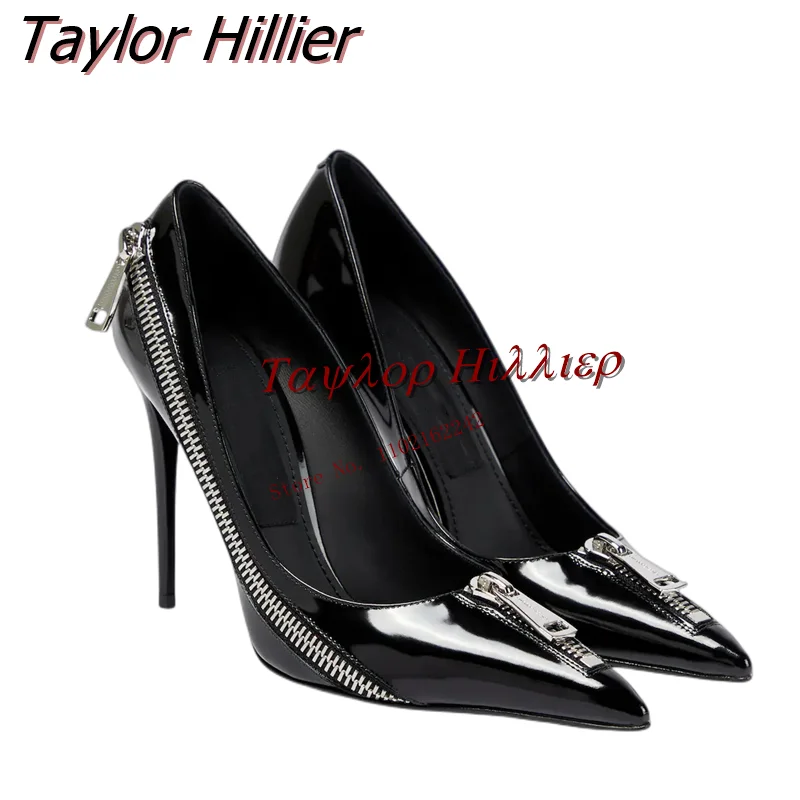 

Spring New Pointed Zipper Pumps Super High-Heeled Patent Leather Shallow Mouth Sandals Black Sexy Banquet 47 Women'S Shoes Summe