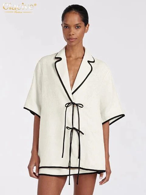 Clacive Summer Loose Beige Cotton 2-częściowe zestawy damskie Outfit 2025 Casual Half Sleeve Shirt With High Waist Mini Skirt Set Female